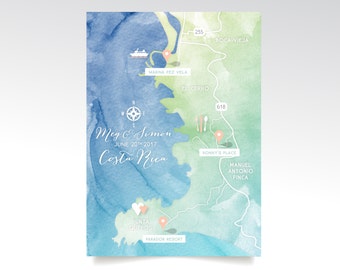 Costa Rica Printed Map 5 x 7in Card . Wedding Watercolor & Directions . White Calligraphy Destination Beach Island