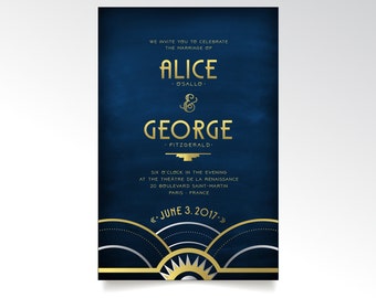 The ALICE . Invitation Set . Art Deco Wedding Gold Silver Navy Blue Great Gatsby 1920s Speakeasy Parlor Fitzgerald Night Sky . PRINTED SETS