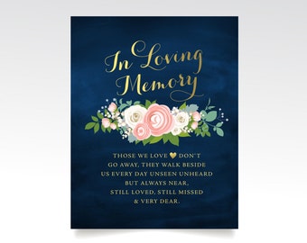 The JENNY . Remeberance Sign . Printed Sign or PDF . Gold & Navy Chalkboard . Blush Cream Rose Peony Dusty Miller . In Loving Memory Wedding