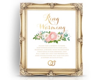 The JENNY . Ring Warming Ceremony Sign . Print or PDF .  Gold Pink Ranunculus Rose Peony Dusty Miller . Wedding Ring Blessing Table Signage