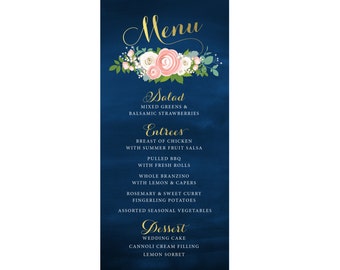 The JENNY . Menu Card . Gold Calligraphy & Navy Chalkboard White Rose Blush Ranunculus Pink Peony Dusty Miller Berries Winter . PRINTED