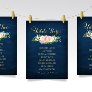 The JENNY . Seating Chart Cards . Peony Pink Ranunculus Garden White Rose Dusty Miller Gold Calligraphy Navy . Wedding Table Guest Name sign image 1