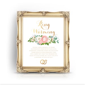 De JENNY . Ring Opwarming Ceremonie Teken . Afdrukken of PDF .  Goud Roze Ranunculus Rose Peony Dusty Miller . Trouwring Zegentafel Bewegwijzering