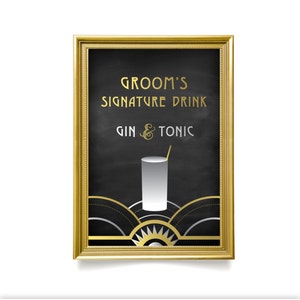 Die ALICE. Signatur Drink Bar Menüschild. Gin Tonic oder jedes individuelle Getränk Icon. Schwarz & Gold Silber Art Deco Toller Gatsby 1920 Print oder PDF