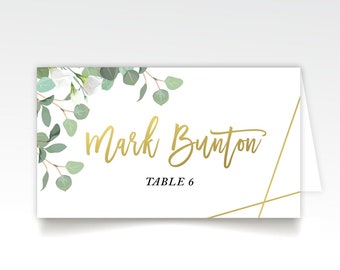 Silver Dollar Eucalyptus Escort Tent Card . Geometric Gold Calligraphy Name Place Card Printed Folded Card Hang Tag & String Escort Coaster