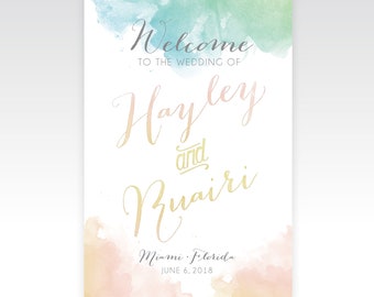 Watercolor Calligraphy Welcome Wedding Sign . Sunset Beach White Blush Pink Yellow Gold Teal Blue Water Waves . PRINTING . EASELS & FRAMES