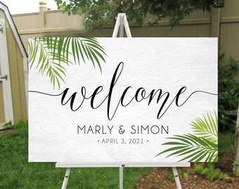 White Wood Palm Leaf Welcome Sign & Easel . Green Palm Tree Caligraphy Tropical Island Wedding Full color design on White Washed Birch Wood