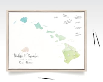 Islas hawaianas Acuarela libro de visitas mapa de bodas Maui Oahu Kauai . El Keepsake de Canvas con signos impresos. Elija Fuentes y colores de islas personalizadas