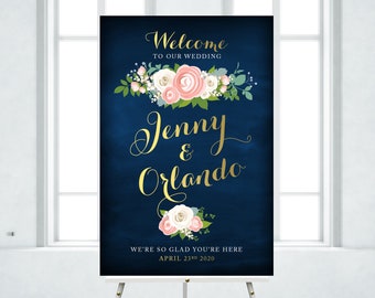 Welcome Sign Gold Calligraphy Navy Chalkboard Pink Peony White Rose Ranunculus Green Leaf Garland Dusty Miller Large PRINTED Sign The JENNY