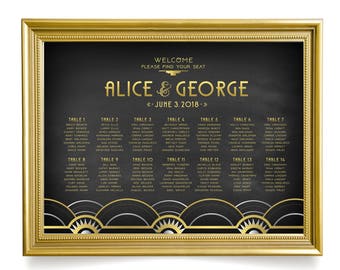 1920er Art Deco Gold Silver & Black Wedding Seating Chart Chalkboard. F Scott Fitzgerald Great Gatsby Speakeasy New Years Winter. Der ALICE