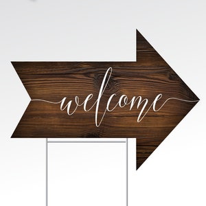 Wood Welcome Arrow Sign & Step Stake White Script 18 x 24 Printed Sign Heavy Duty Corrugated Plastic . Double-sided Arrow points both ways image 1