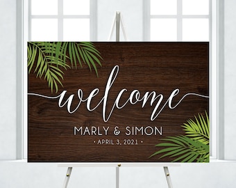 Tropical Wood Welcome Sign & Easel . Green Palm Trees White Calligraphy Island Beach Wedding . Full color design on 3/8" Stained Birch Wood