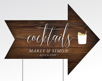 Wood Cocktail Hour Arrow Sign & Metal Stake . White Calligraphy Signature Drink Glass . 18 x 24 Double-sided Weatherproof Arrow Printed