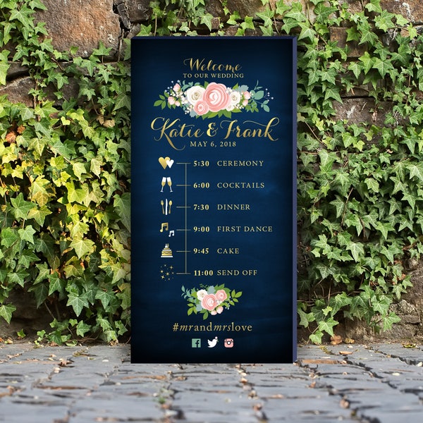 Large Timeline Event Icons Program itinerary Sign . Gold Script & Navy Chalkboard Pink Peony Garland White Rose Blush Dusty Miller. PRINTED