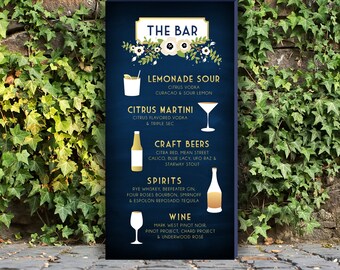 Drink Menu Signature Cocktails Large Leaning PRINTED Sign . Poppy Garland Olive Branch Magnolia Anemone Gold & Navy Chalkboard White Cream