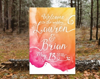 The LAUREN . Welcome Wedding Ceremony Large Printed Sign .  Watercolor & White Calligraphy Magenta Orange Gold Sunset Beach Sea Destination