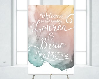 Watercolor Welcome Sign . White Calligraphy Copper Gold Teal Blush Mint Pink Rose Quartz Sunrise Beach Ocean Splash . Large Printed Sign