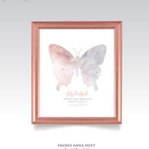 Pink Butterfly Star Constellation Sky Map Aquarel Art Print Birthday Girl Baptism Date Gift . Baby Girl Slaapkamer Art Canvas Print & Frame