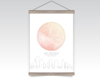 Constellation Star Map Houston Skyline Watercolor Pink Gold Moon . Wedding Anniversary Birthday Baptism Gift Cotton Canvas Art Print & Frame
