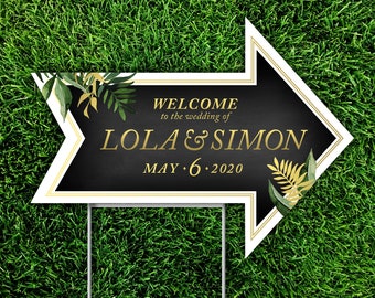 Palm Leaf Directional Arrow Yard Sign & Step Stake . Green Gold Black Chalkboard 18 x 24 Printed Sign Double-sided Arrow points both ways!