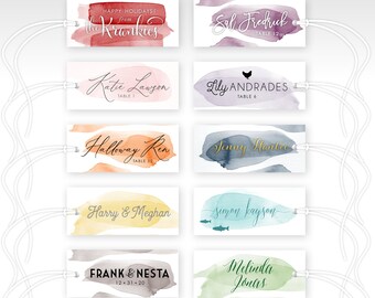 Printed Watercolor Escort Name Tag & String . Wedding Favor Gift Hang Tag . Mix and Match colors . Customize font, color, size . Food Icons