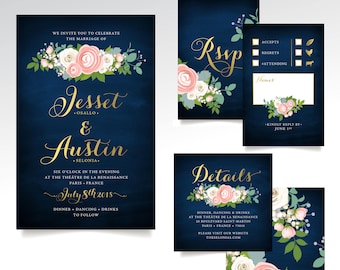 Pink Peony Navy & Gold Wedding Invitation Set, Includes Invite, RSVP and Details 3-Card Printed Set with Calligraphy Ranunculus Dusty Miller