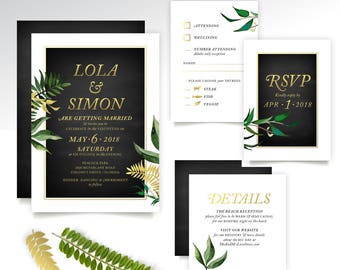 Tropical Botanical Wedding Invite Set . Miami Beach Cuba Eucalyptus Leaf Garland Vine Fern Dandelion Gold & Black Chalkboard PRINTED 3-Cards