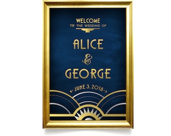 Framed Art Deco Gold Silver Black Navy Large Printed Welcome Sign & Any Frame . Great Gatsby 1920 Chalkboard Speakeasy Parlor . Add an EASEL