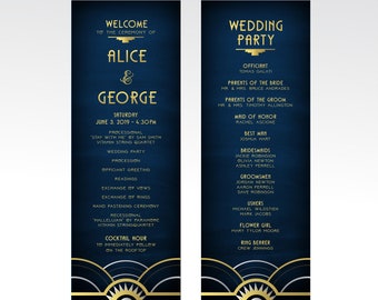 Art Deco Program Ceremony Printed 4 x 11 Cards Great Gatsby 1920s Gold Silver & Black Navy Chalkboard Speakeasy . Catholic Wedding Mass Card