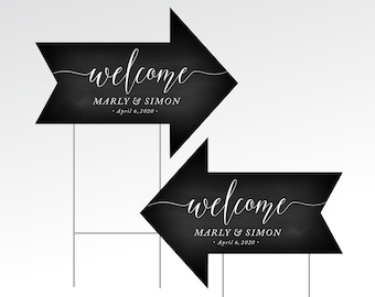 Directional Wedding Arrow Black & White Calligraphy . 18 x 24 Printed Yard Sign includes ground stake . Double-sided arrow points both ways!