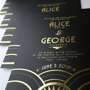 Art Deco Einladung Gold Folie & Schwarz Gedruckt Karten Set. Toller Gatsby Scott Fitzgerald 1920er Jahre Sternennacht Sonne Mond. FOIL Gedruckte Karten