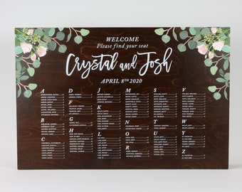 Wood Seating Chart & Easel . Alphabetical Silver Dollar Eucalyptus Rose Garland Blush White Calligraphy Full Color design on 3/8" Birch Wood