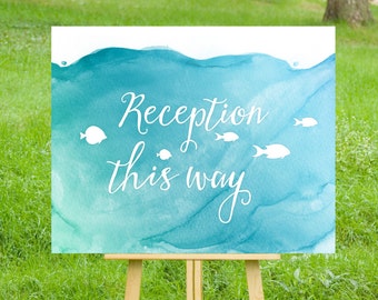 The CHRISTY . Directional Arrow Wedding Sign . White Calligraphy & Watercolor Teal Blue Fish Ceremony Reception . PRINTS Include Shipping