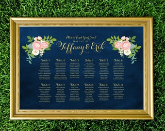 El JENNY . Tabla de asientos Nombres de la mesa de la boda. Caligrafía de oro alfabético & pizarra marina Ranunculus rosa rosa peonía Dusty Miller
