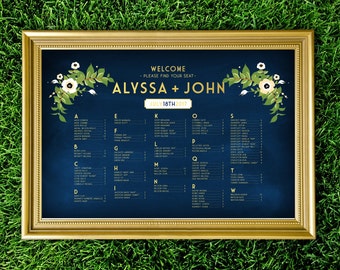 The ALYSSA . Seating Chart Alphabetical Wedding Sign Printed . Anemone Magnolia Garland Emerald Green Olive Branch Gold & Navy Chalkboard