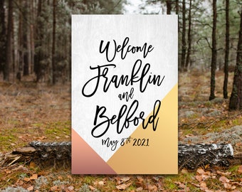 Geometric Gold & Rose Gold White Wood Welcome Sign . Calligraphy Script Font . Choose Custom fonts and colors . 3/8" Solid Birch Wood Sign