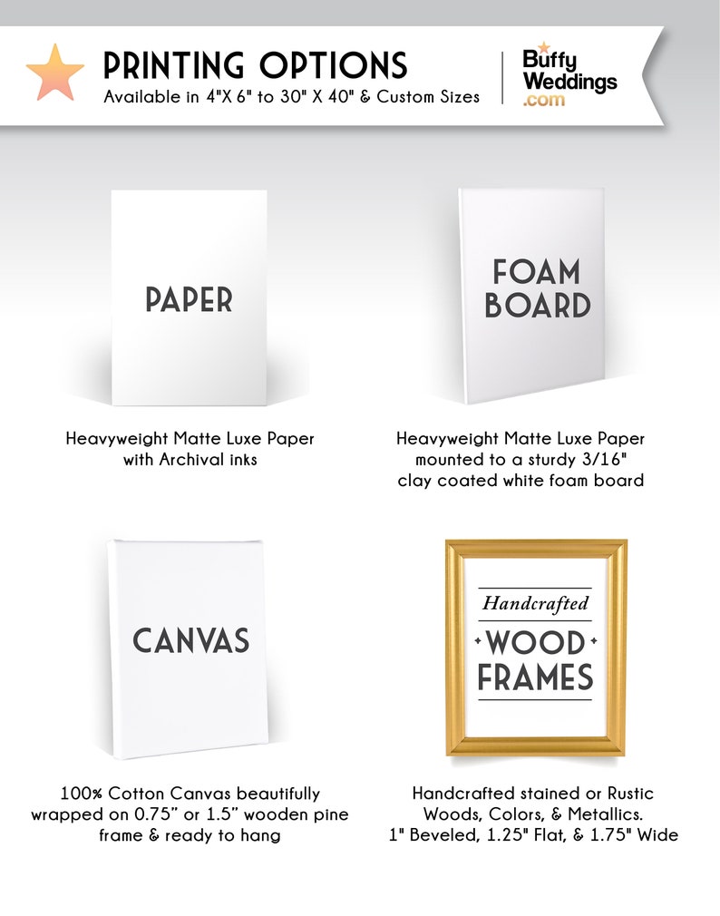 May include: Image showcasing printing options for artwork, including paper, foam board, and canvas. The image also features a gold-colored wood frame. Text indicates sizes from 4"x6" to 30"x40" and custom sizes.
