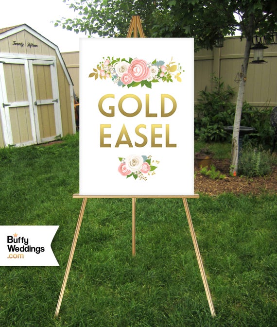 GOLD Easel . 66 Inch Solid Wood Wedding Sign Easel Stand . Display Signs  12x18 to 30x40 Foam Board, Canvas, Wood, Acrylic, Frames No Glass 