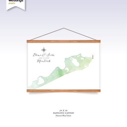 Montauk Wedding Watercolor Guestbook or Anniversary Map . Printed Sign-able Hanging Canvas or buy Framed Art Print Gift . Choose Your State
