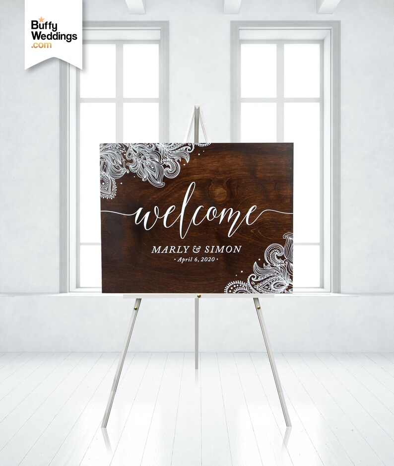 Indian Wedding Mehndi Ceremony White or Full Color on Espresso Stained 38 Birch Wood Paisley Henna Wood Welcome Sign /& Easel