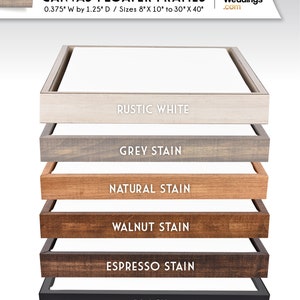 Op de afbeelding: Zes verschillende houten frame-opties voor canvas floater frames. De frames worden getoond in de volgende volgorde: Rustiek wit, Grijze beits, Natuurlijke beits, Walnoot beits, Espresso beits en Zwart. De frames zijn 0,95 cm breed en 3,18 cm diep en zijn verkrijgbaar in maten van 20 cm x 25 cm tot 76 cm x 102 cm.