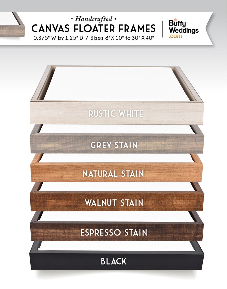 Op de afbeelding: Zes verschillende houten frame-opties voor canvas floater frames. De frames worden getoond in de volgende volgorde: Rustiek wit, Grijze beits, Natuurlijke beits, Walnoot beits, Espresso beits en Zwart. De frames zijn 0,95 cm breed en 3,18 cm diep en zijn verkrijgbaar in maten van 20 cm x 25 cm tot 76 cm x 102 cm.
