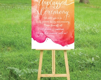 The LAUREN . Unplugged Wedding Ceremony Sign . PRINT or PDF, Shipping Included. Calligraphy Watercolor.  Magenta Orange Yellow Sunset Beach