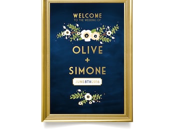 Gold & Navy Welcome Sign White Black Cream Flowers Anemone Magnolia Poppy Flower Olive Branch Leaf Garland . The ALYSSA . Large PRINTED Sign