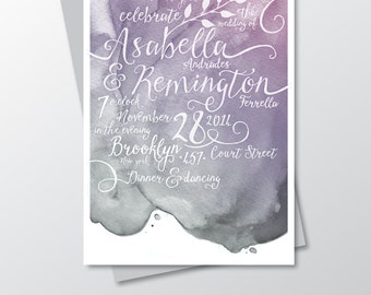 The LAUREN . Printed Invitation Only . Purple Plum Silver Grey Metallic Wedding White Calligraphy & Watercolor Nautical Beach RSVP Postcard