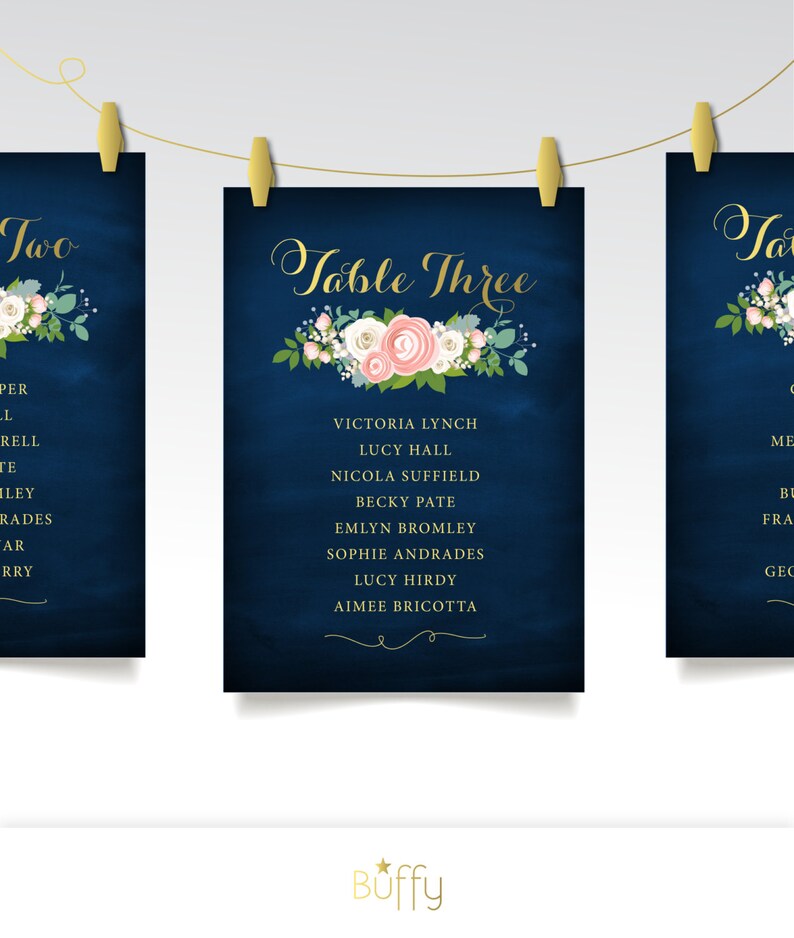 The JENNY . Seating Chart Cards . Peony Pink Ranunculus Garden White Rose Dusty Miller Gold Calligraphy Navy . Wedding Table Guest Name sign image 1