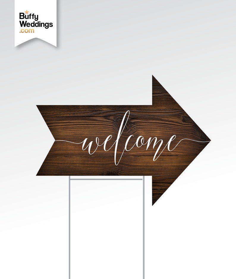 Wood Welcome Arrow Sign & Step Stake White Script 18 x 24 Printed Sign Heavy Duty Corrugated Plastic . Double-sided Arrow points both ways image 1