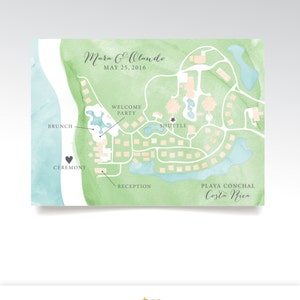 Costa Rica Wedding Map & Directions . 5 x 7in Printed Card . Calligraphy Teal Pink Watercolor Destination Beach island