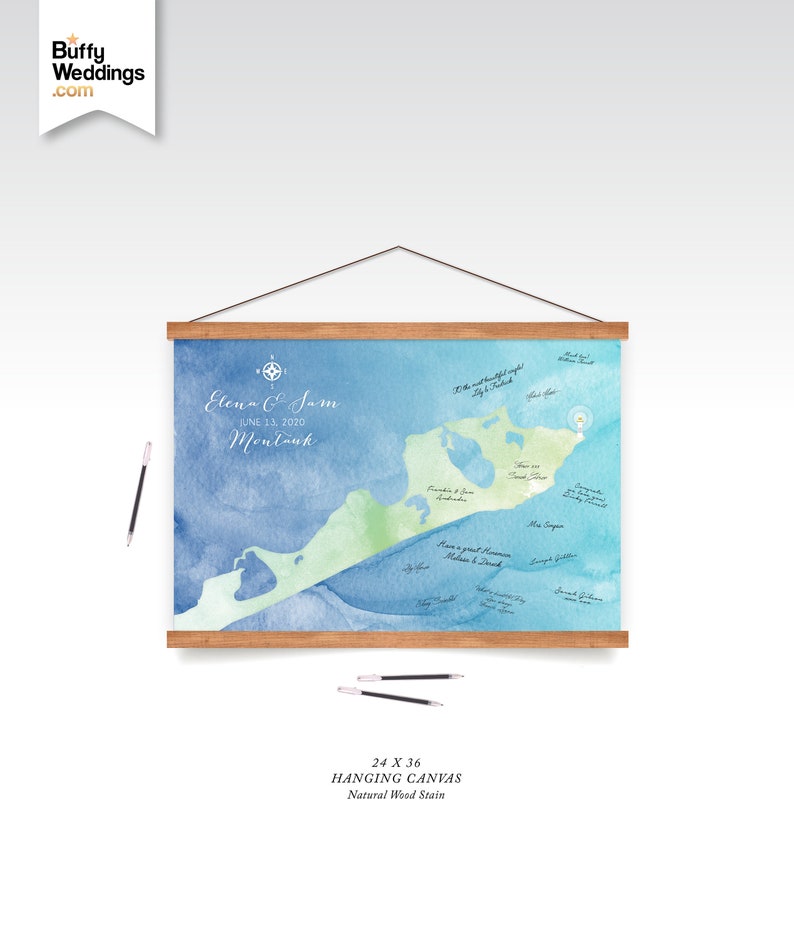 Montauk Wedding Watercolor Guestbook or Anniversary Map . Printed Sign-able Hanging Canvas or buy Framed Art Print Gift . Choose Your State