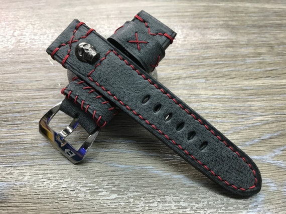 Black Leather Watch Strap 24mm 26mm, Leather Watch Band, Uhrenarmband, Wrist Watch Strap in Red Stitching, Sterling Silver 925 Skull